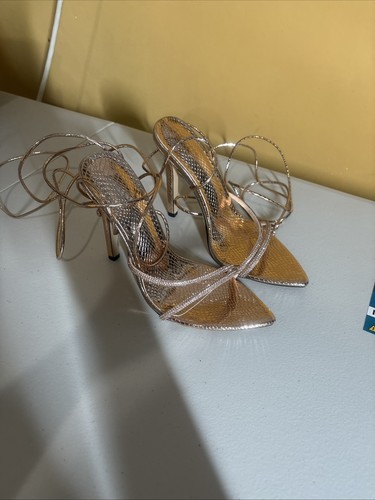 Rose Gold Metallic Snake Skin And Rhinestone Strappy Stilettos S - photo 3