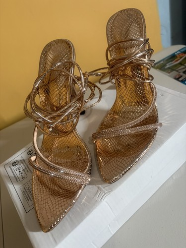 Rose Gold Metallic Snake Skin And Rhinestone Strappy Stilettos S - photo 5