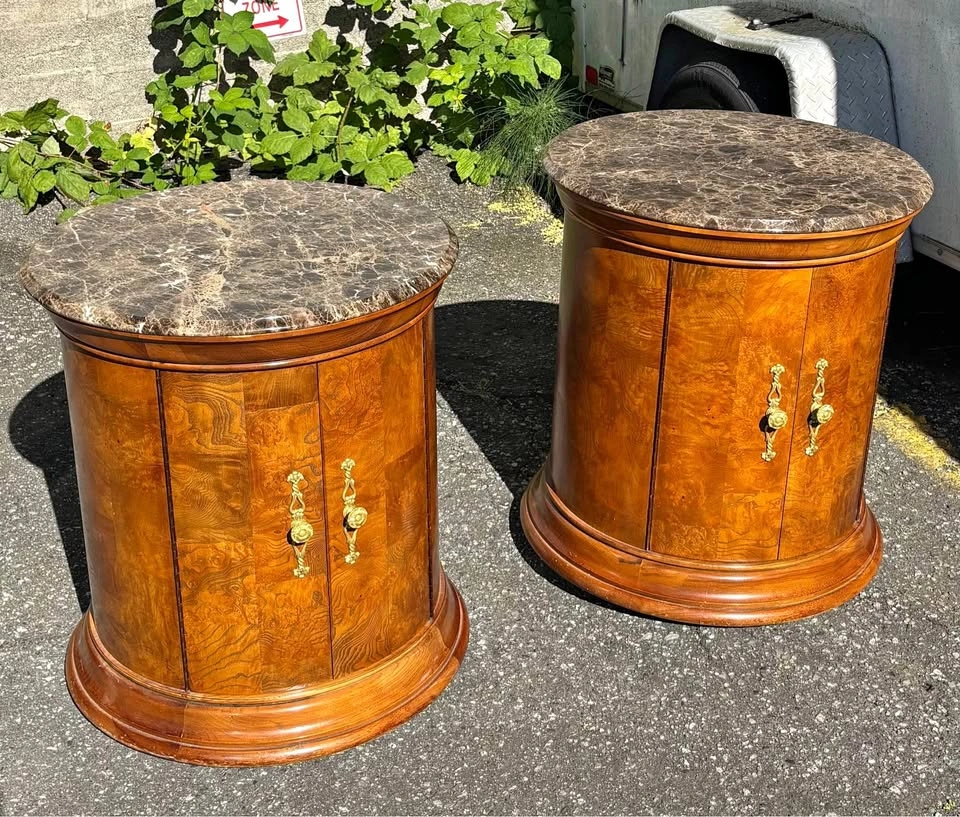 Pair of Round Marble Top Wood Side Tables