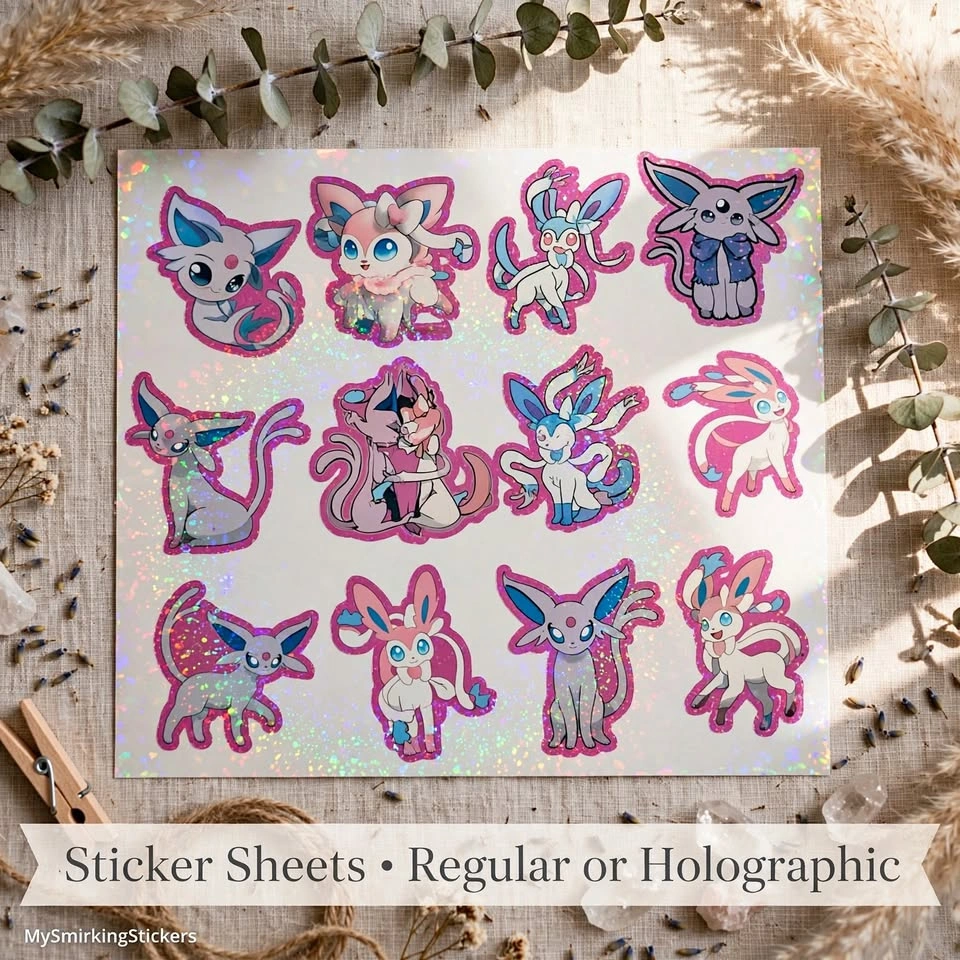 Espeon & Sylveon Decal Sheet - 12 waterproof Vinyl Stickers
