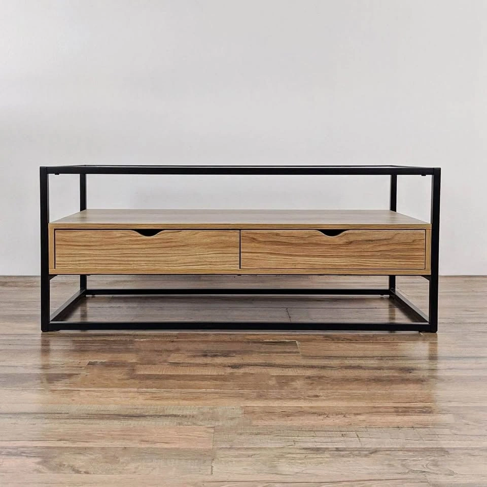 Glass Top Coffee Table with Wood Drawers and Metal Frame