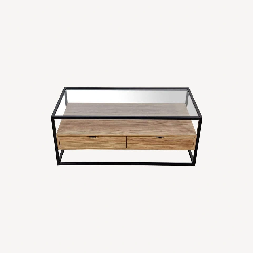 Glass Top Coffee Table with Wood Drawers and Metal Frame - photo 2