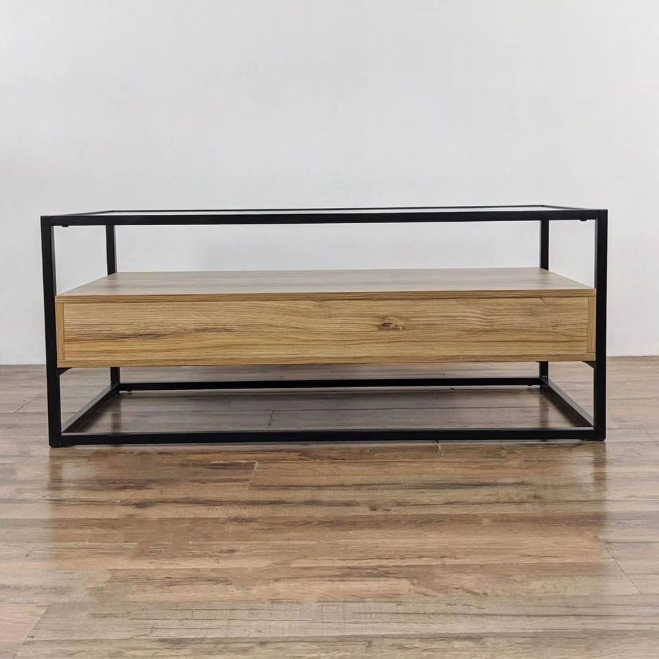 Glass Top Coffee Table with Wood Drawers and Metal Frame - photo 3