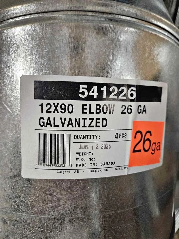 12" 90° Galvanized HVAC Duct Elbows – 26 Gauge