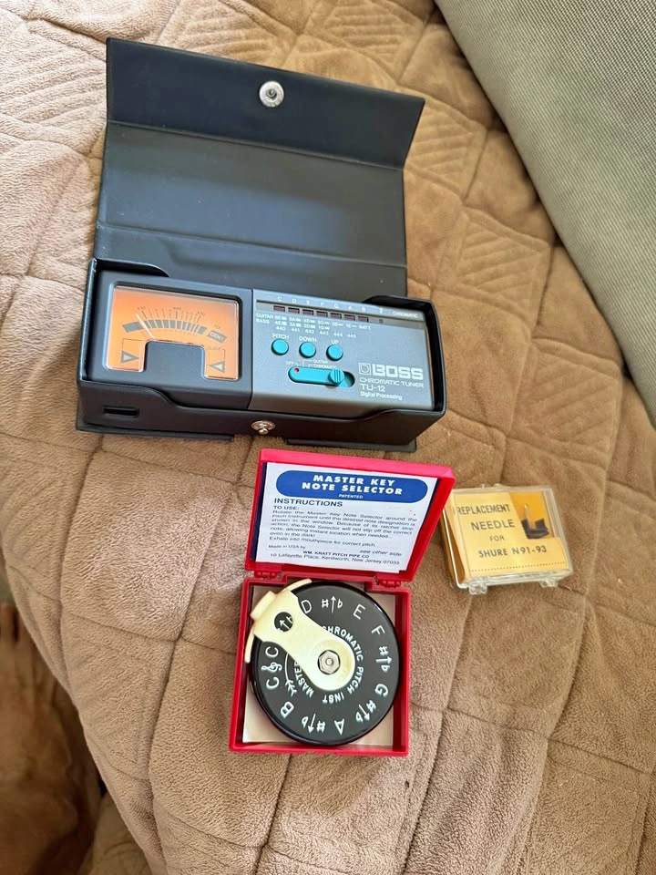 Boss TU-12 Tuner, Master Key Pitch Pipe, and Shure Needle