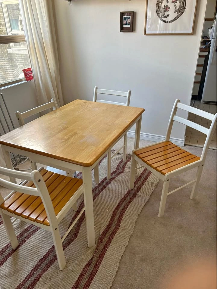 Solid wood dining table + four chairs
