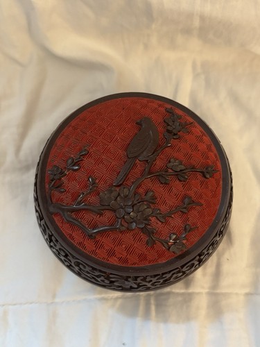 Antique Chinese Cinnabar Round Covered Box Carved Flowers