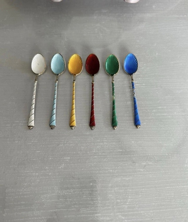 Signed Elo Denmark Sterling Silver Gilt Guilloche Enamel Spoons
