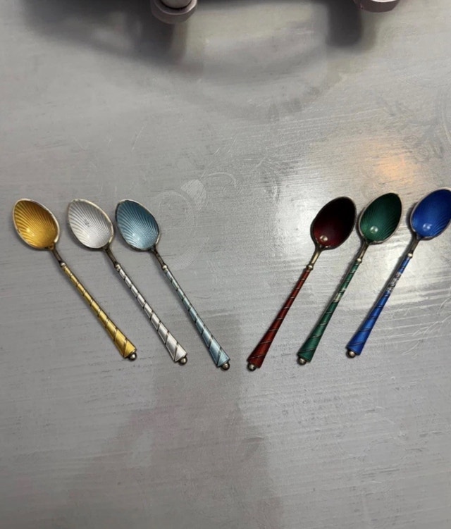 Signed Elo Denmark Sterling Silver Gilt Guilloche Enamel Spoons - photo 3