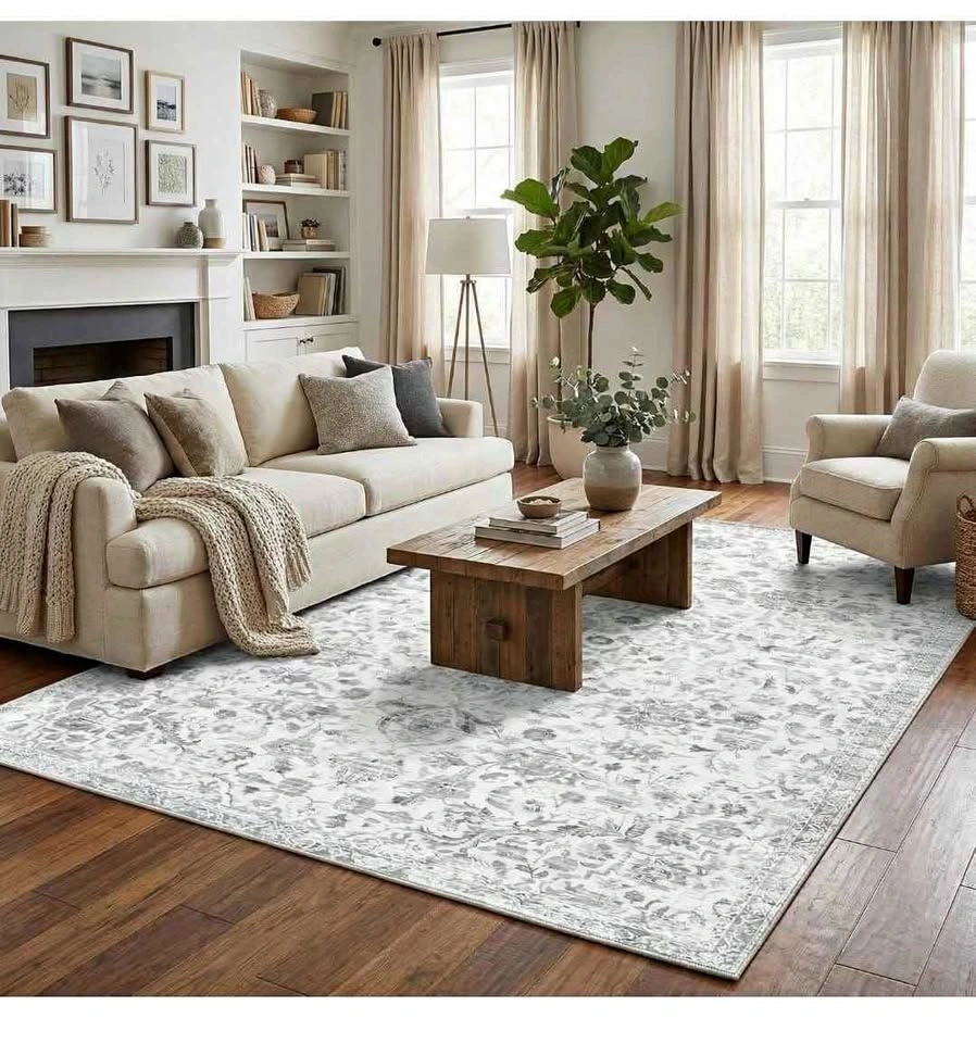 8x10 Feet Grey Floral Area Rug, Machine Washable