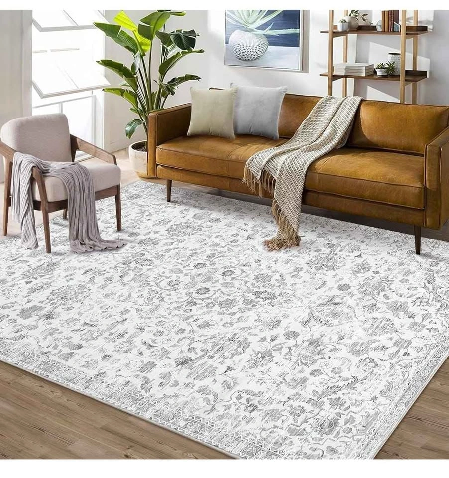 8x10 Feet Grey Floral Area Rug, Machine Washable - photo 2