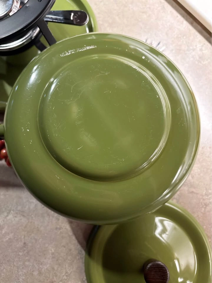 Vintage 1970s Enamel Fondue Set - Avocado Green Pattern 🇯🇵 - photo 4