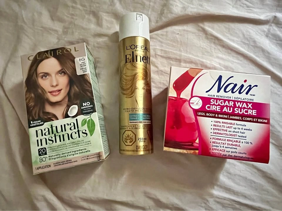 Clairol Natural Instincts, L'Oréal Elnett Hairspray, Nair Sugar