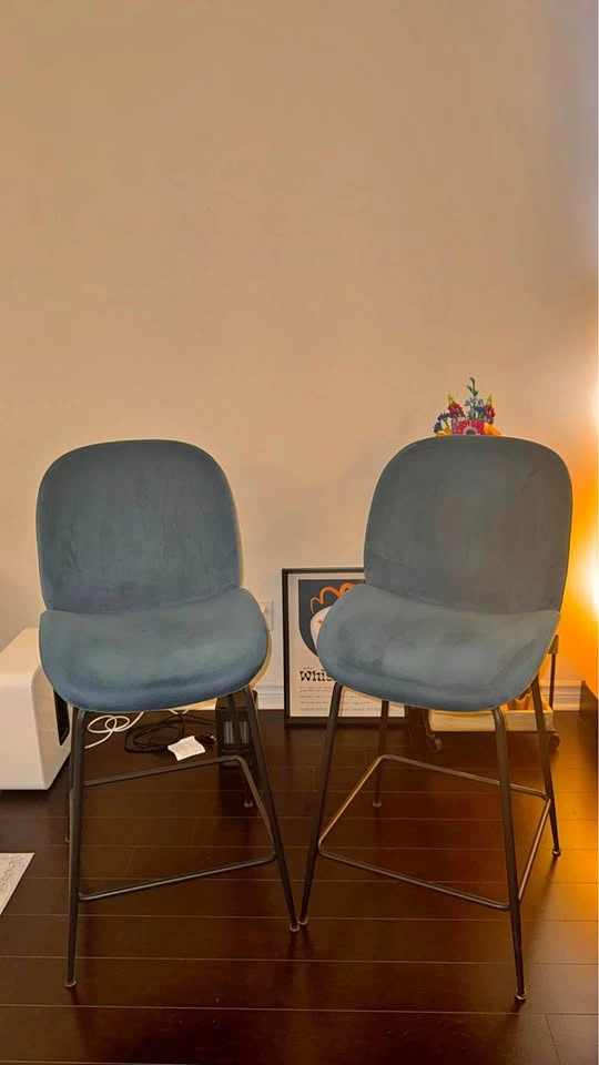 Modern teal velvet bar stool pair