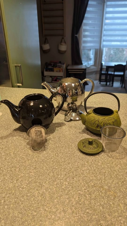 3 Teapots - Black Ceramic, Silver, Green Cast Iron - photo 2
