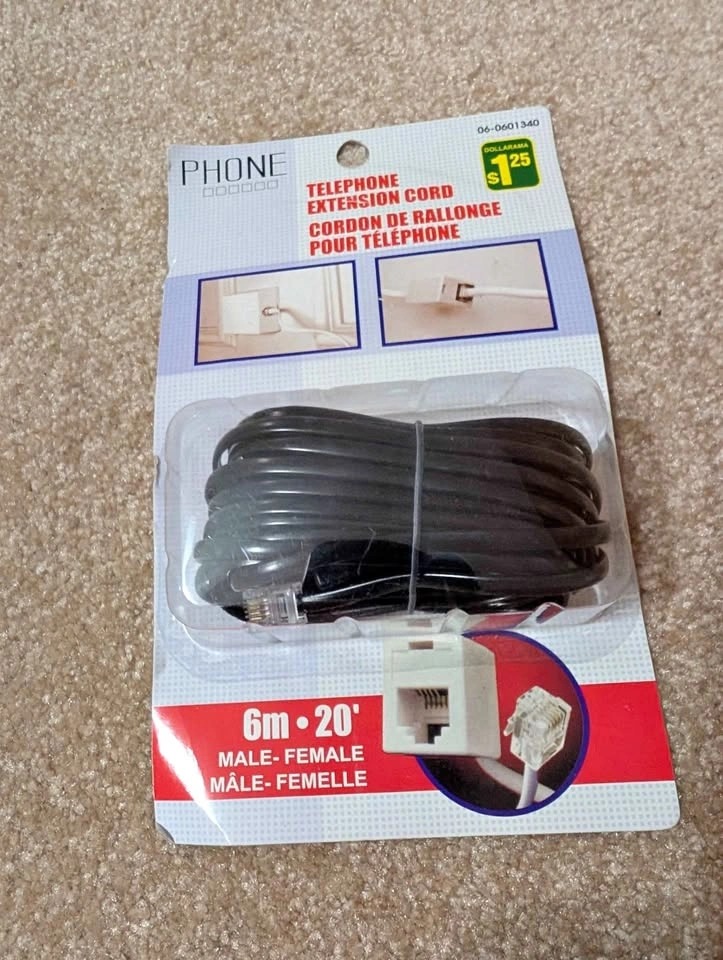 Unopened 20' Male-Female Telephone Extension Cord