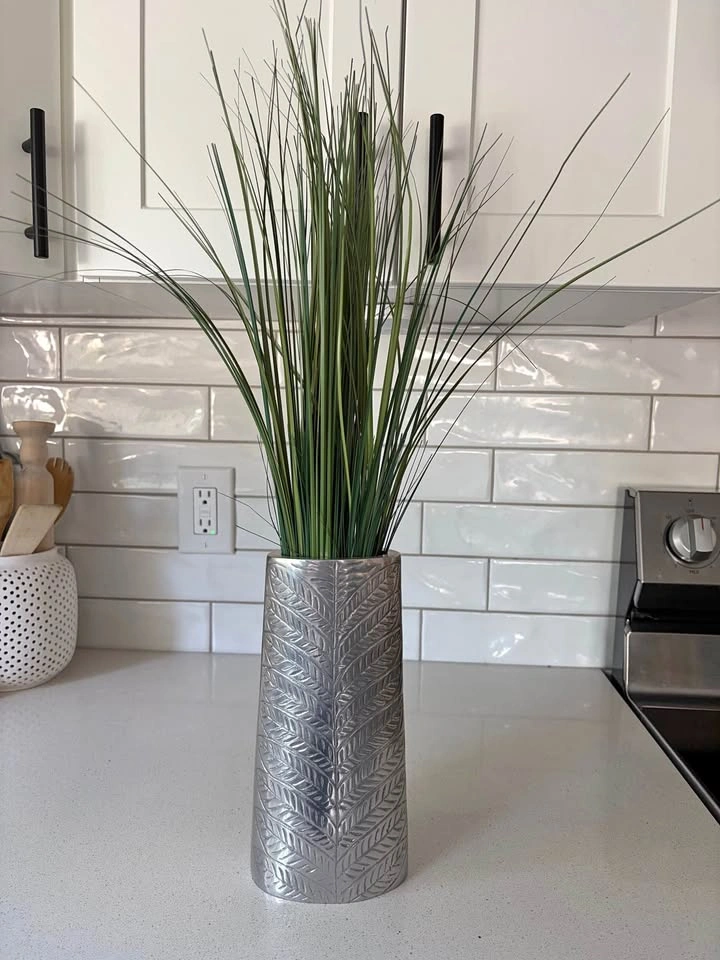 Silver Metal Leaf Pattern Vase with Artificial Grass