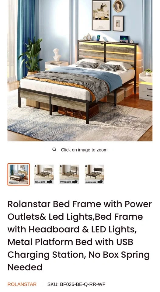 Queen Bed Frame with Power Outlets & LED Lights