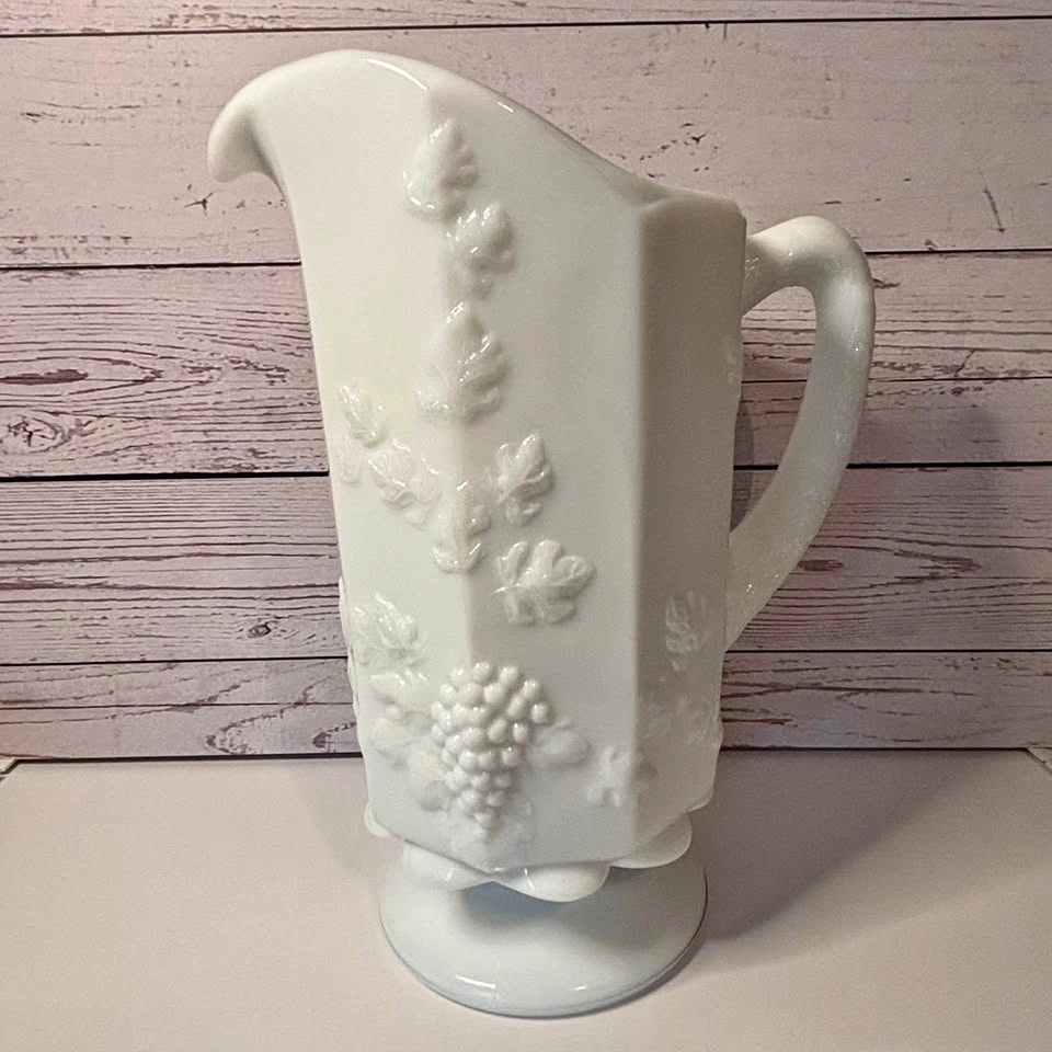 Vintage Westmoreland Milk Glass Pitcher Paneled Grape 9”