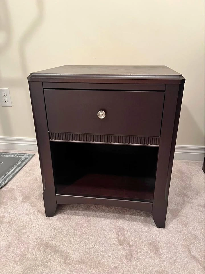 Dark Wood Nightstand with Drawer and Open Shelf