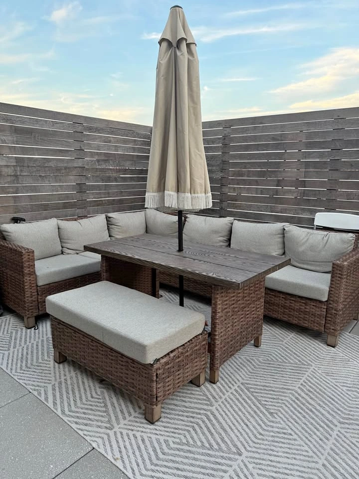 Outdoor Sectional Set with Table, Bench, Umbrella and Rug