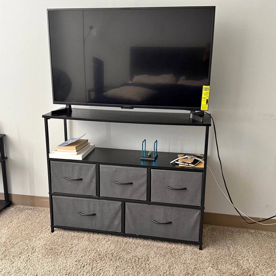 TV Stand / Storage Unit – Black Metal & Wood with Fabric Drawers