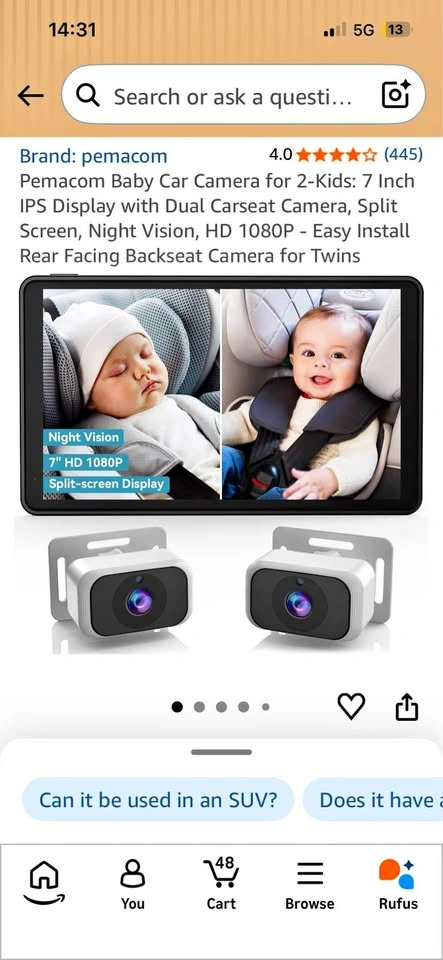 Pemacom Baby Car Camera with Dual Cameras & 7” HD Monitor