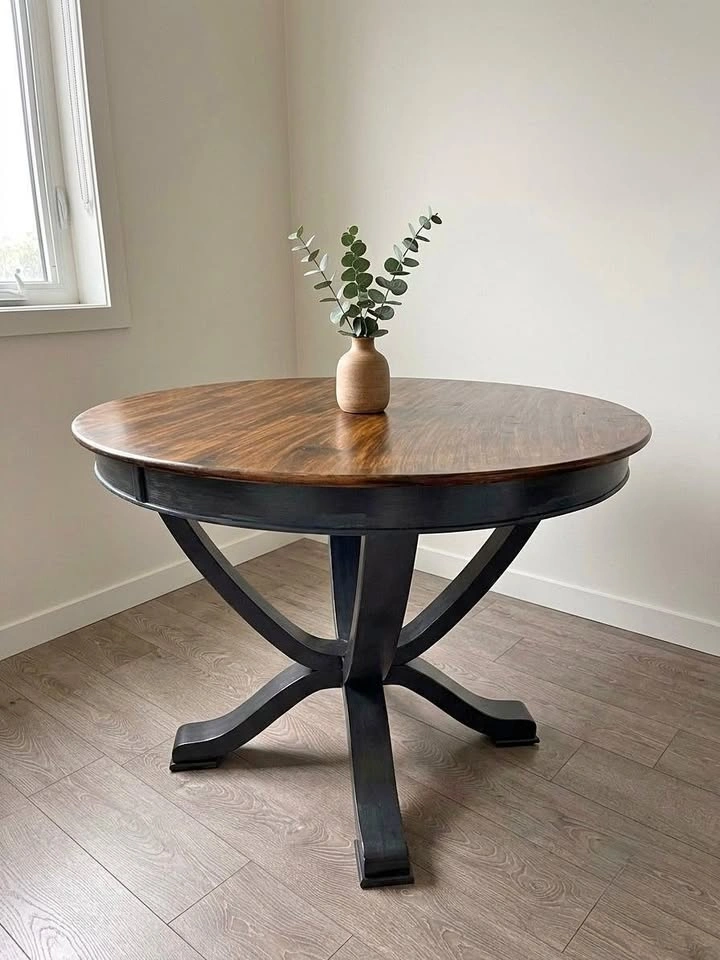 Round Pedestal Dining Table – Refinished Walnut & Black – 42"