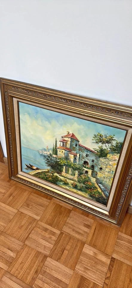 Vintage Mediterranean Oil Painting & Gold Frame