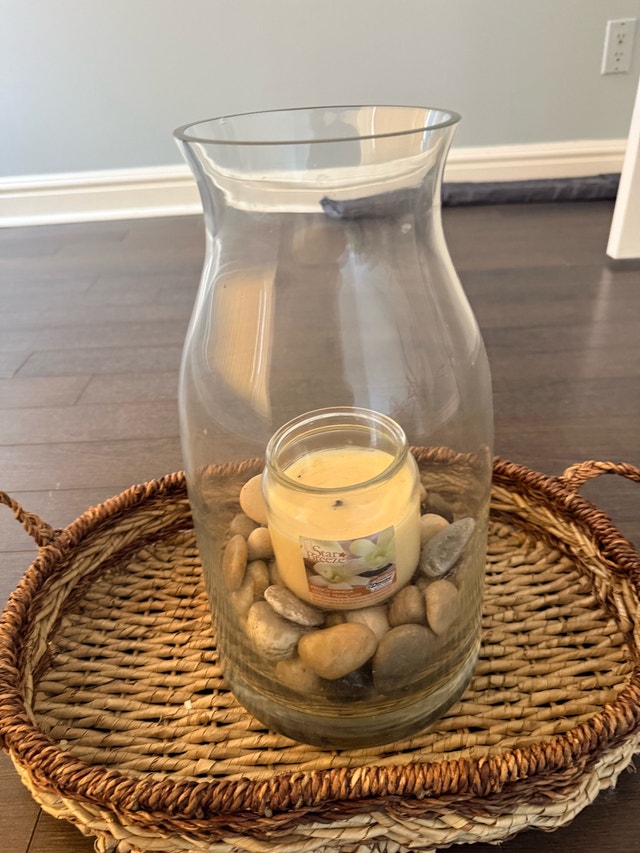 Glass Vase Centerpiece with Rattan Tray