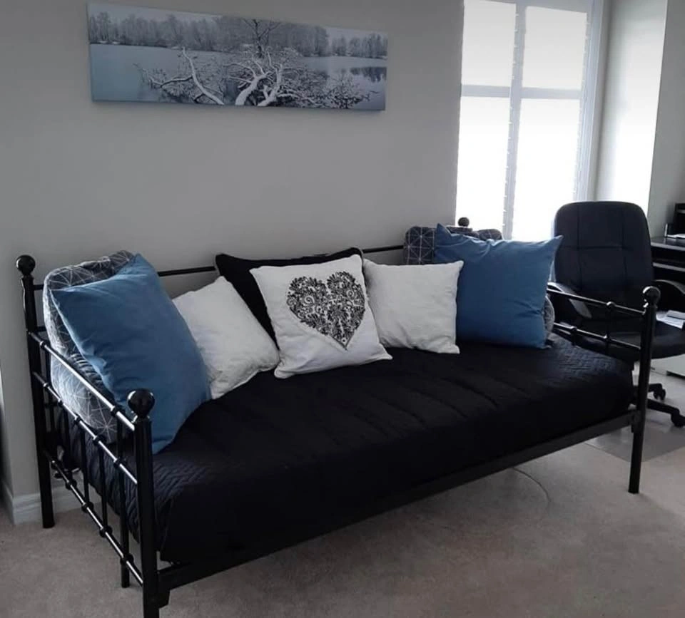 Black Metal Daybed Frame with mattress and sheets - photo 2