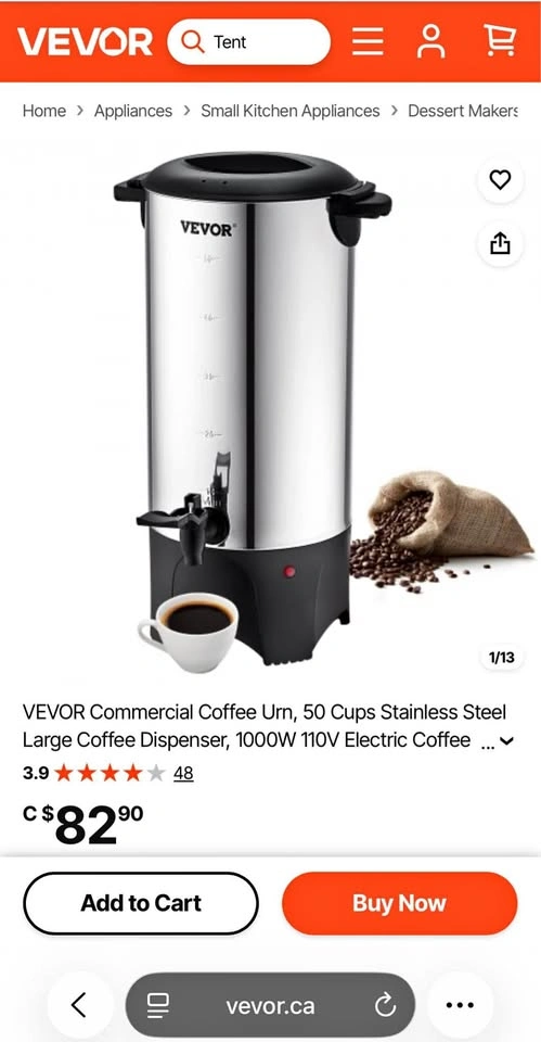 BRAND NEW! VEVOR Commercial Coffee Dispenser, 50 Cups