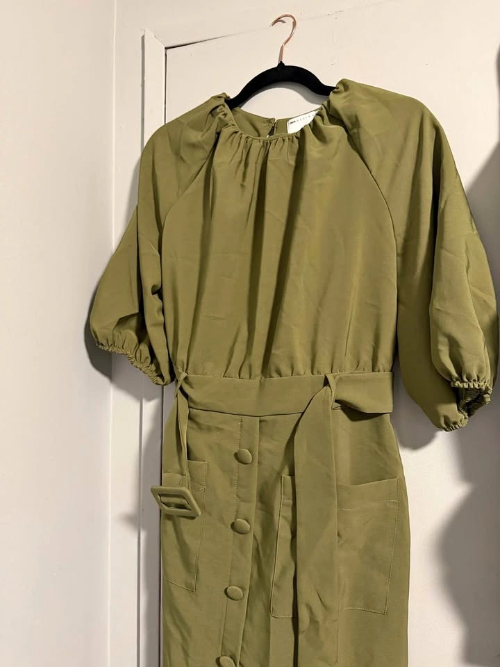 ASOS Puff Sleeve Belted Midi Dress – Khaki, Size 12 (NWT)