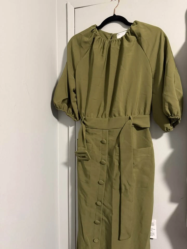 ASOS Puff Sleeve Belted Midi Dress – Khaki, Size 12 (NWT) - photo 2