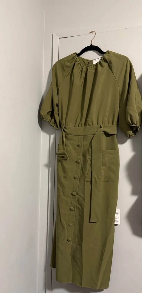 ASOS Puff Sleeve Belted Midi Dress – Khaki, Size 12 (NWT) - photo 3