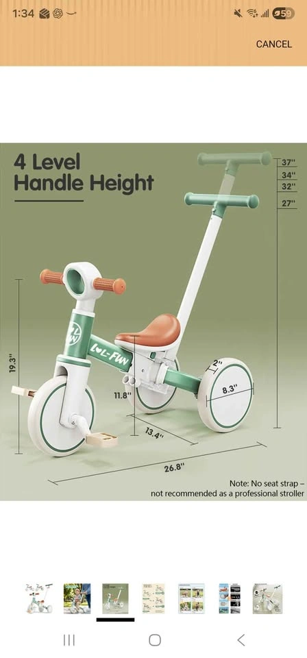 Lol-Fun Kids 3-in-1 Tricycle Balance Bike Push Handle - photo 5