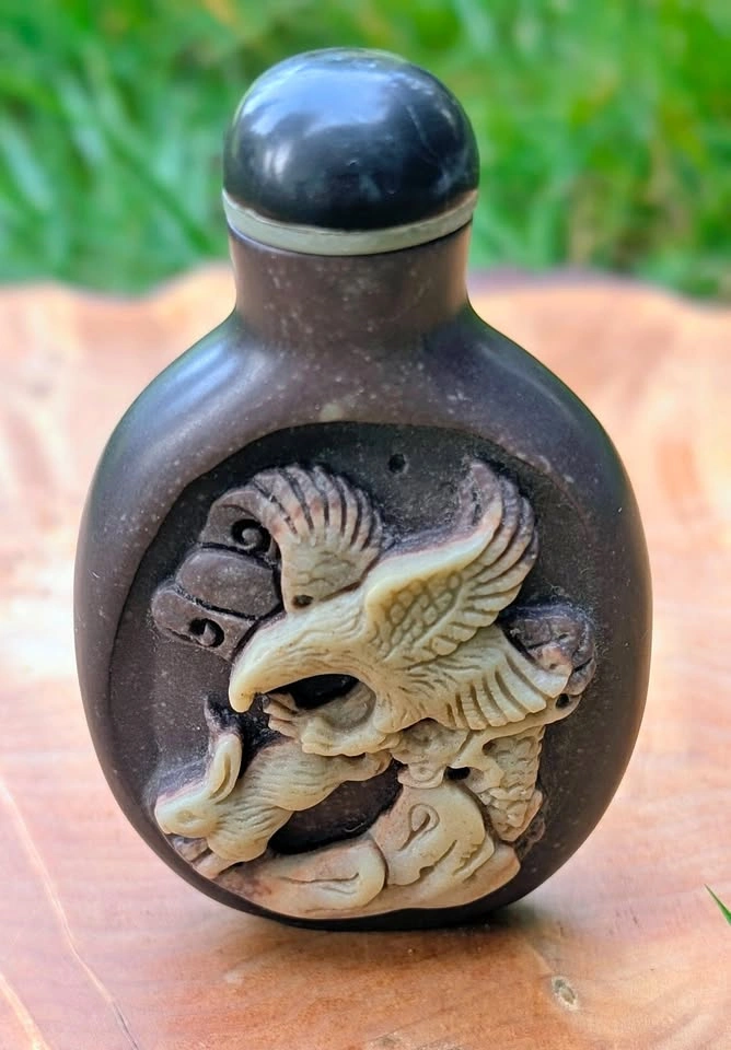 Intricate High-Relief Snuff Bottle (Eagle, Rabbit & Toad)
