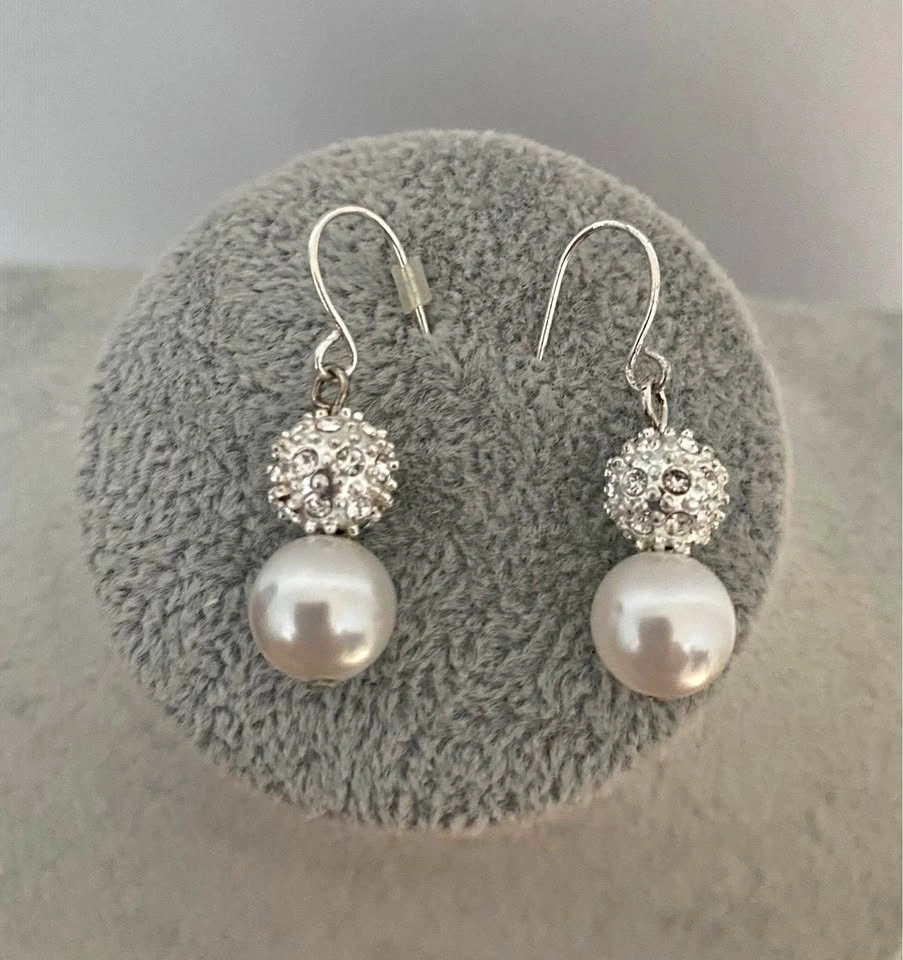 Silver-Tone Faux Pearl and Crystal Ball Drop Earrings