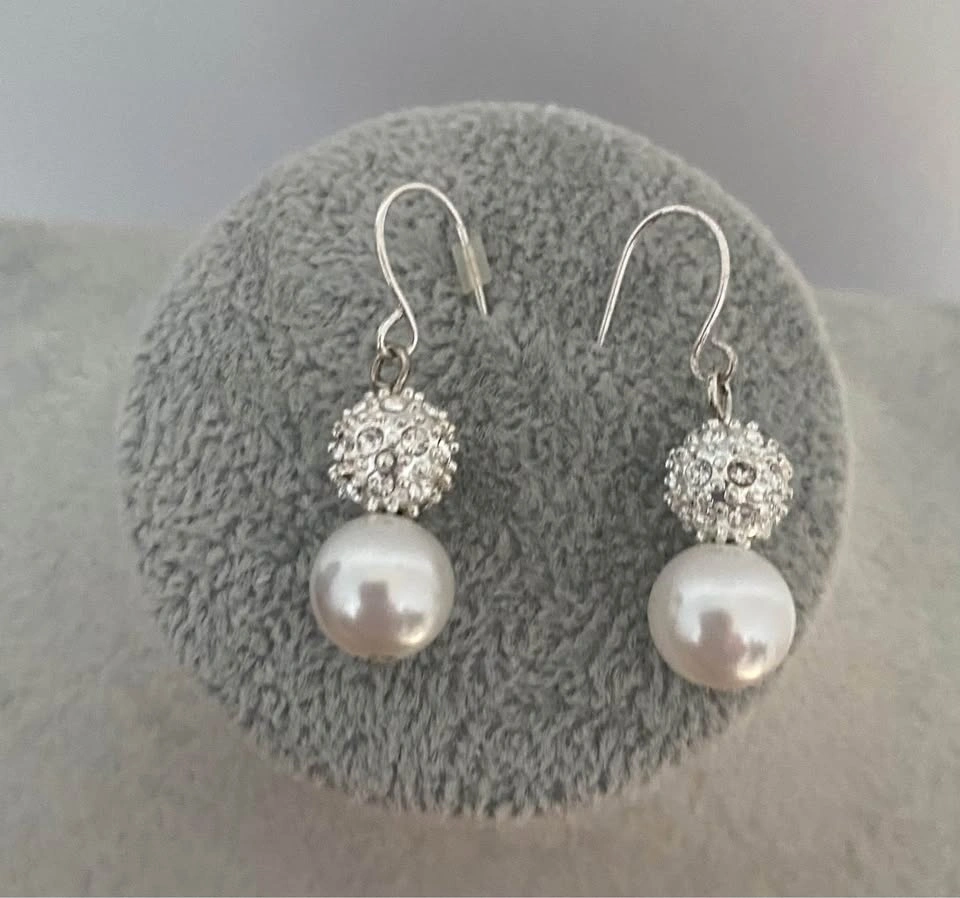 Silver-Tone Faux Pearl and Crystal Ball Drop Earrings - photo 2