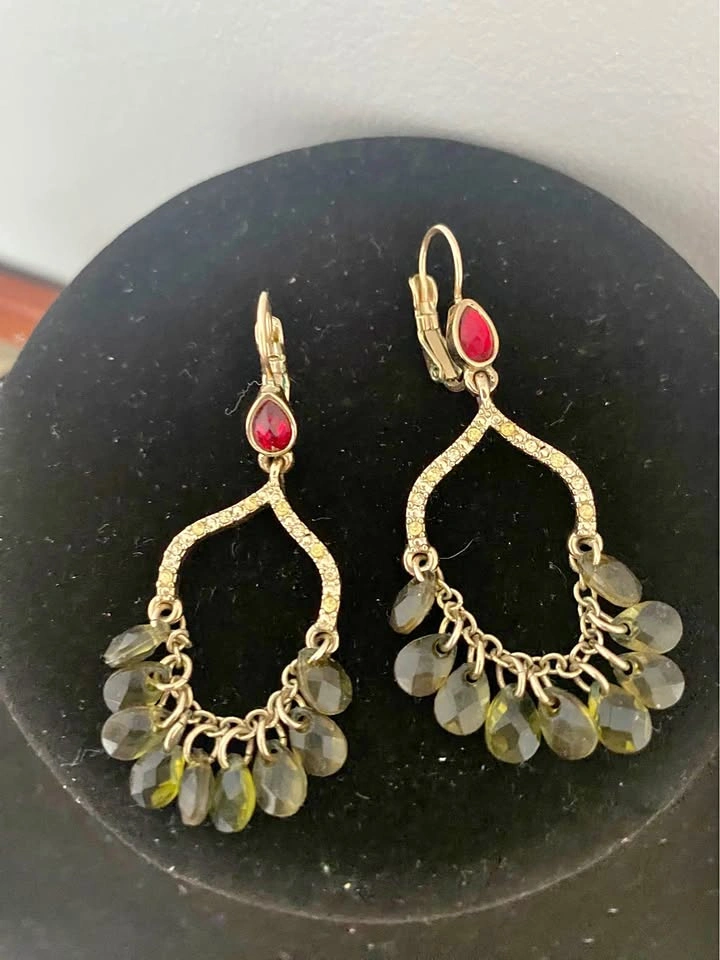 Gold-Tone Chandelier Earrings with Red and Green Accents