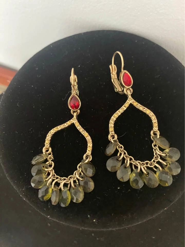 Gold-Tone Chandelier Earrings with Red and Green Accents - photo 2