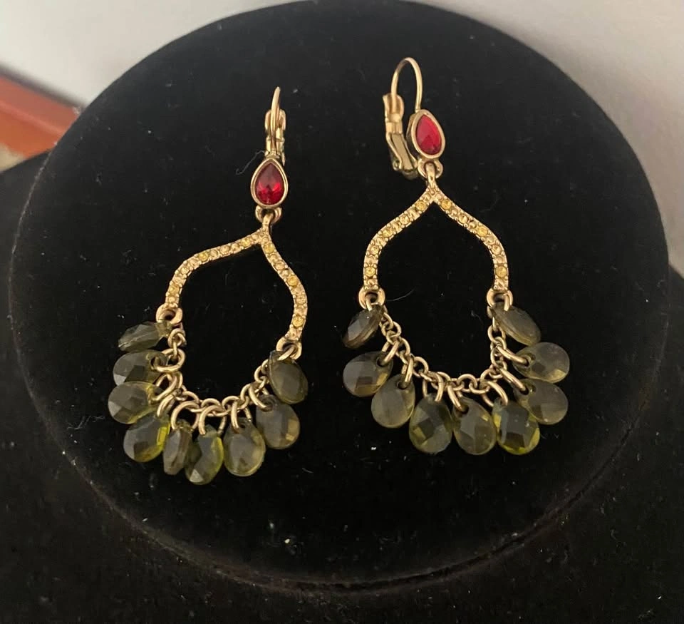 Gold-Tone Chandelier Earrings with Red and Green Accents - photo 3