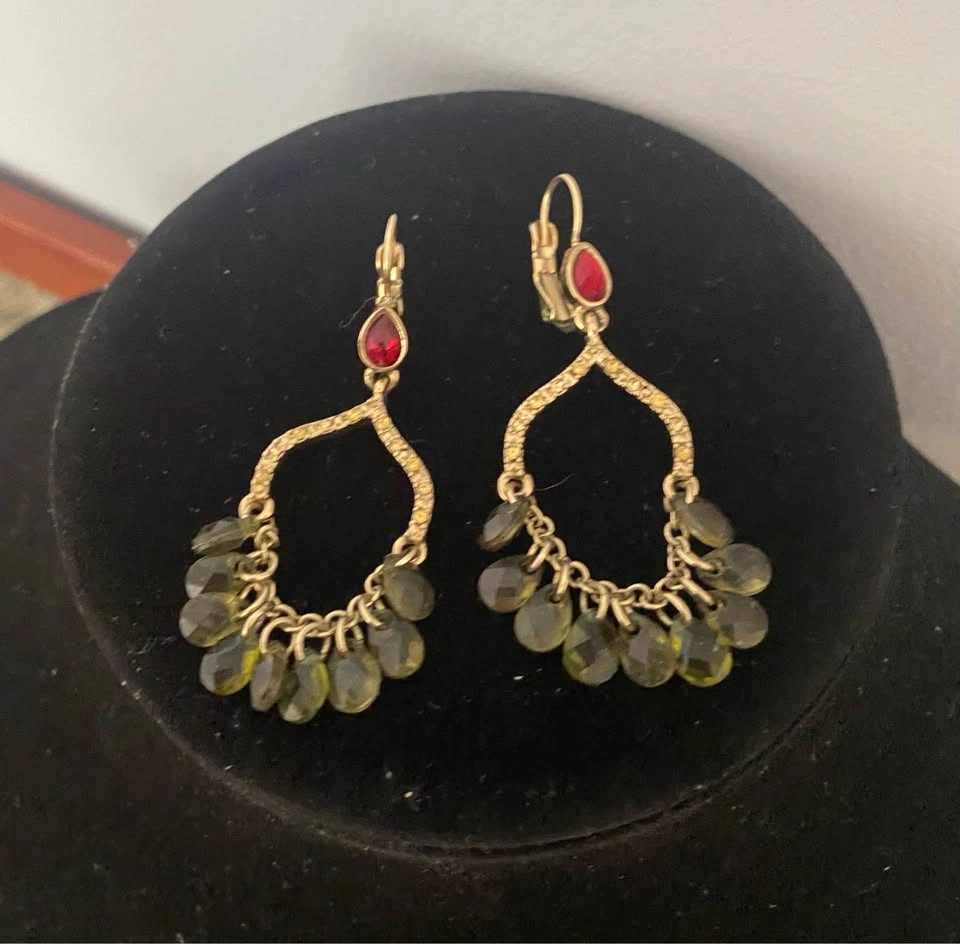 Gold-Tone Chandelier Earrings with Red and Green Accents - photo 4