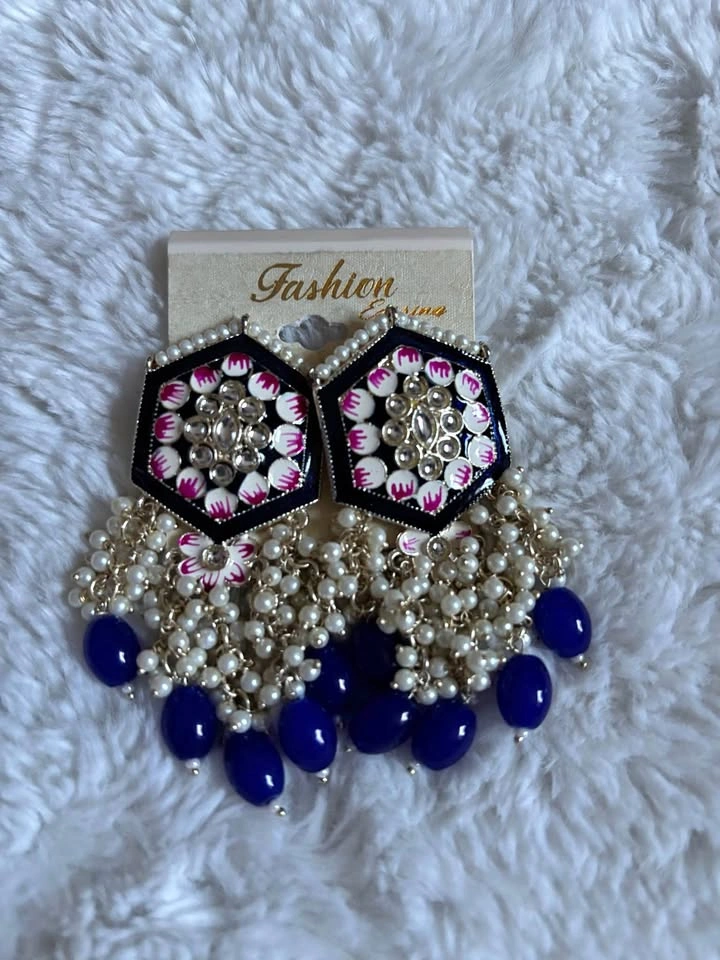 Hexagon Enamel Jhumka Earrings with Blue Beads