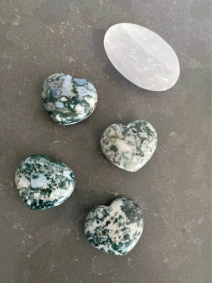 Moss Agate Hearts and Selenite Palm Stone Set