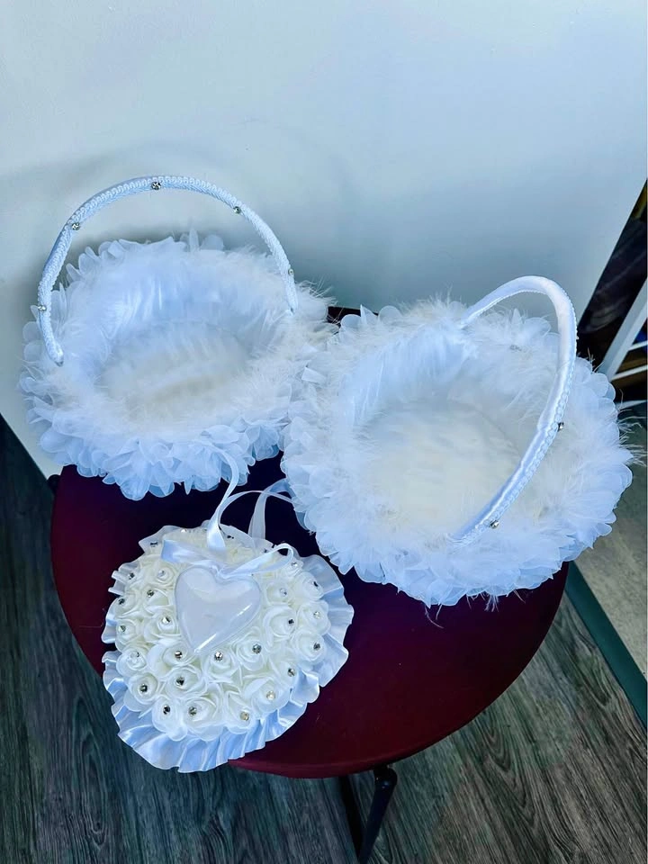 Large Flower Girl Baskets, Ring Cushion, Baby Blue Petals
