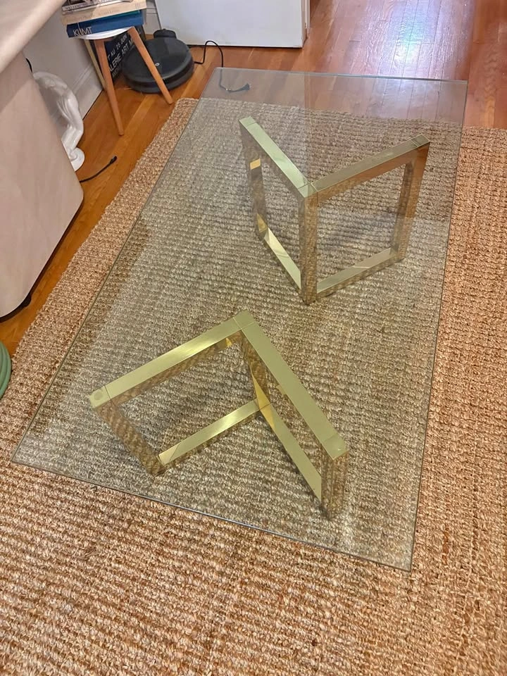 Vintage Glass Top and Brass Coffee Table - 1980s Postmodern