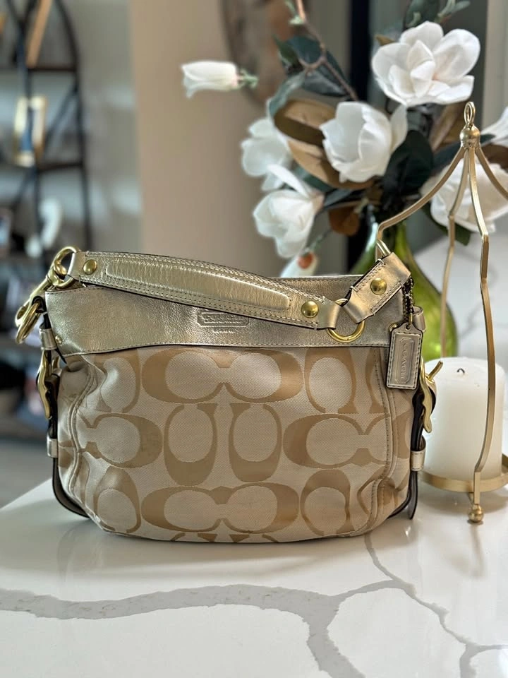 Coach Signature Hobo Shoulder Bag | Champagne Metallic Leather T