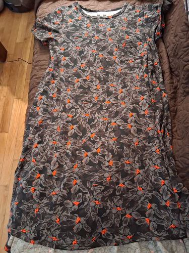 Women's Black Gray Orange Floral Shift Dress Round Neck Short Sl