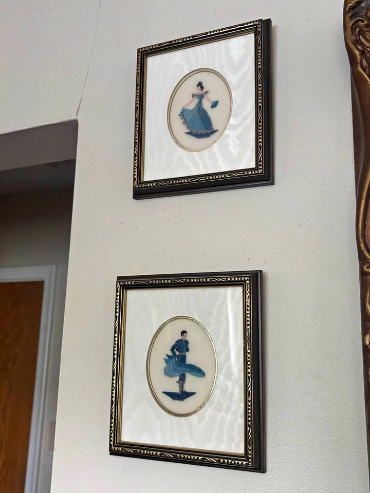 Vintage Framed Cross-Stitch Couple in Blue